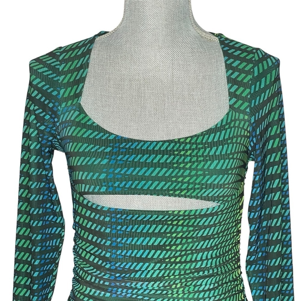 Oh Polly Dress Womens Mini Green Striped Print Bodycon Long Sleeve Cut Out Sz 8 - Picture 9 of 15